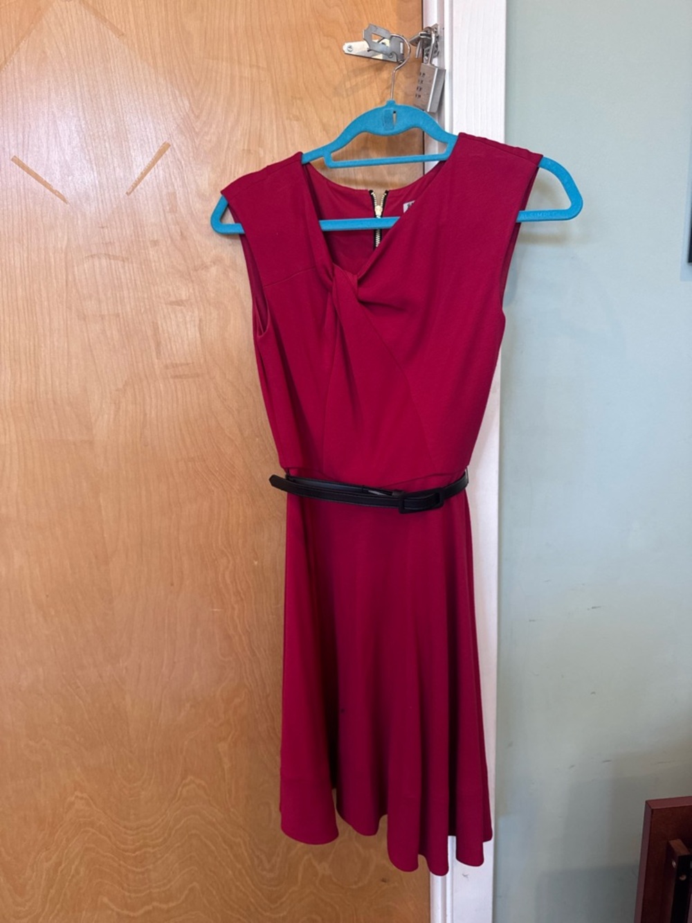 Eliza J Sleeveless Red Twist-Front Midi Dress with Black Belt, size 4